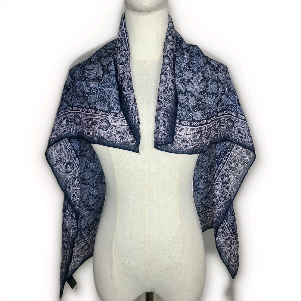 Vtg Bloomsbury‎ for Tie Rack Silk Scarf Navy Silver Edwardian Floral Botanical
